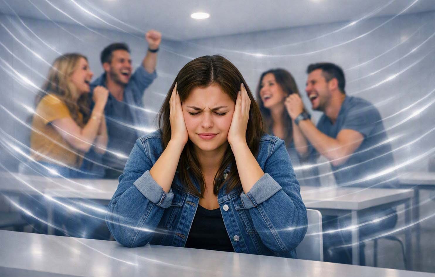 Persona tapándose los oídos en un espacio con mucho ruido y reverberación